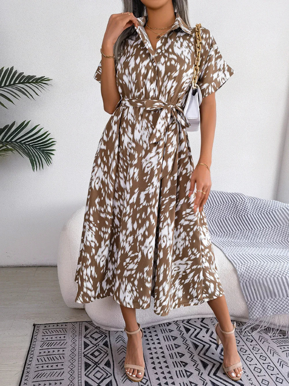 Printed Collared Neck Short Sleeve Tie Waist Dress - Southern Shores Clothing