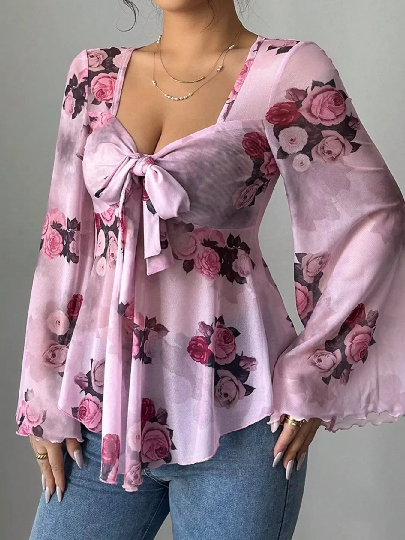 Floral Print Tie Front Flare Sleeve Blouse - Southern Shores Clothing
