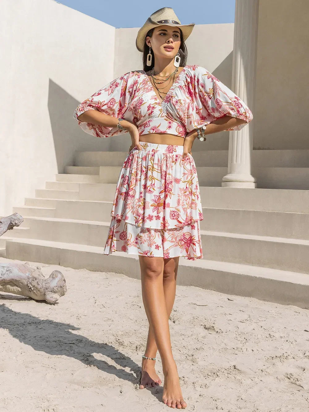 Floral Print Two Piece Half Sleeve Top and Layered Skirt Set - Southern Shores Clothing