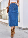 Denim Midi Skirt Slit And Functional Pockets Stretch