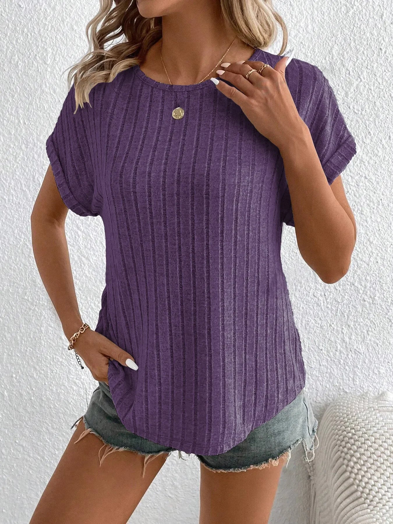 Plus Size Ribbed Texture Short Sleeve T-Shirt - Southern Shores Clothing