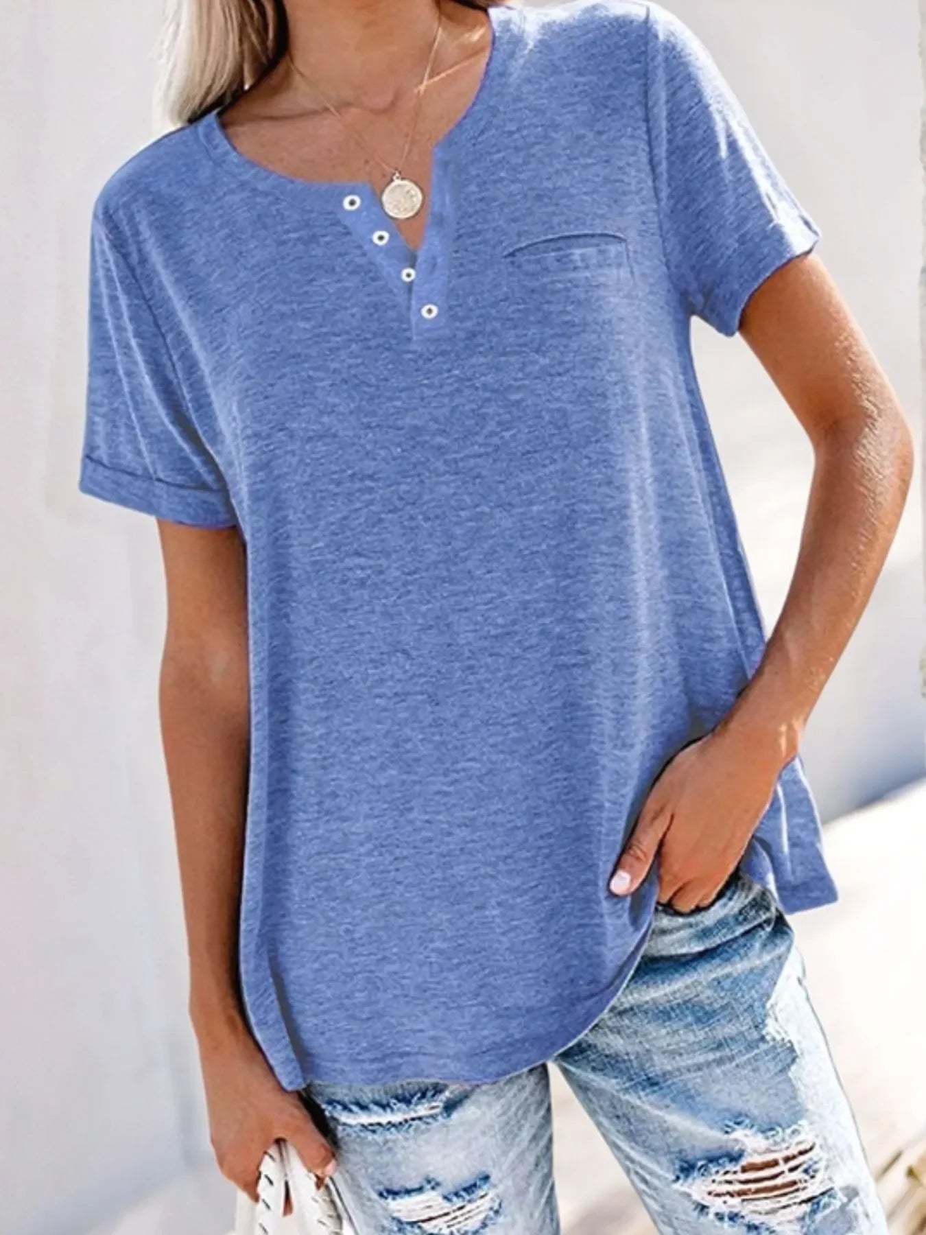 Plus Size Notched Short Sleeve T Shirt With Button Detail - Southern Shores Clothing
