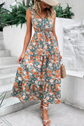 Floral Print Sleeveless V-Neck Dress With Tie Waist Tiered - Southern Shores Clothing