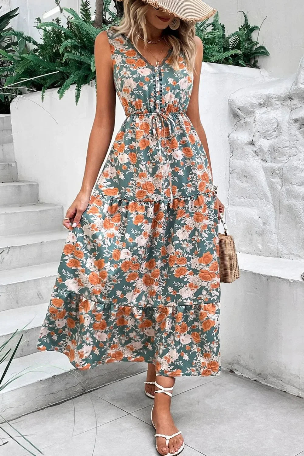 Floral Print Sleeveless V-Neck Dress With Tie Waist Tiered - Southern Shores Clothing