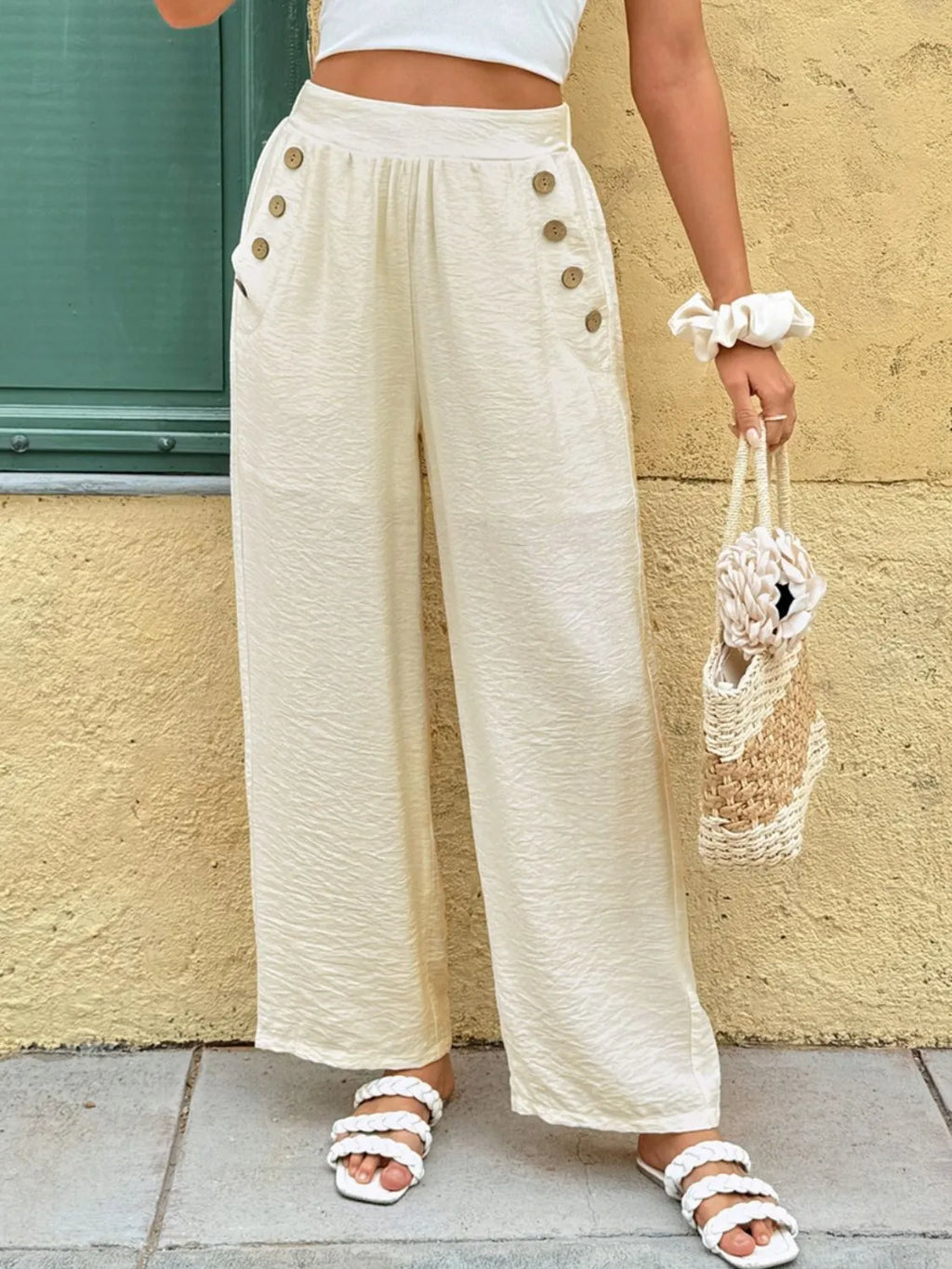 Southern Shores Wide Leg Pocketed Pants with Decorative Buttons