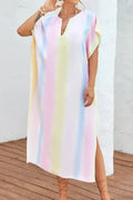 Striped Slit Notched Short Sleeve Cover Up One Size - Southern Shores Clothing