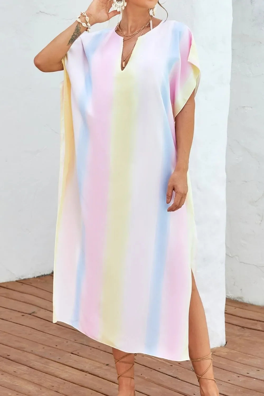 Striped Slit Notched Short Sleeve Cover Up One Size - Southern Shores Clothing