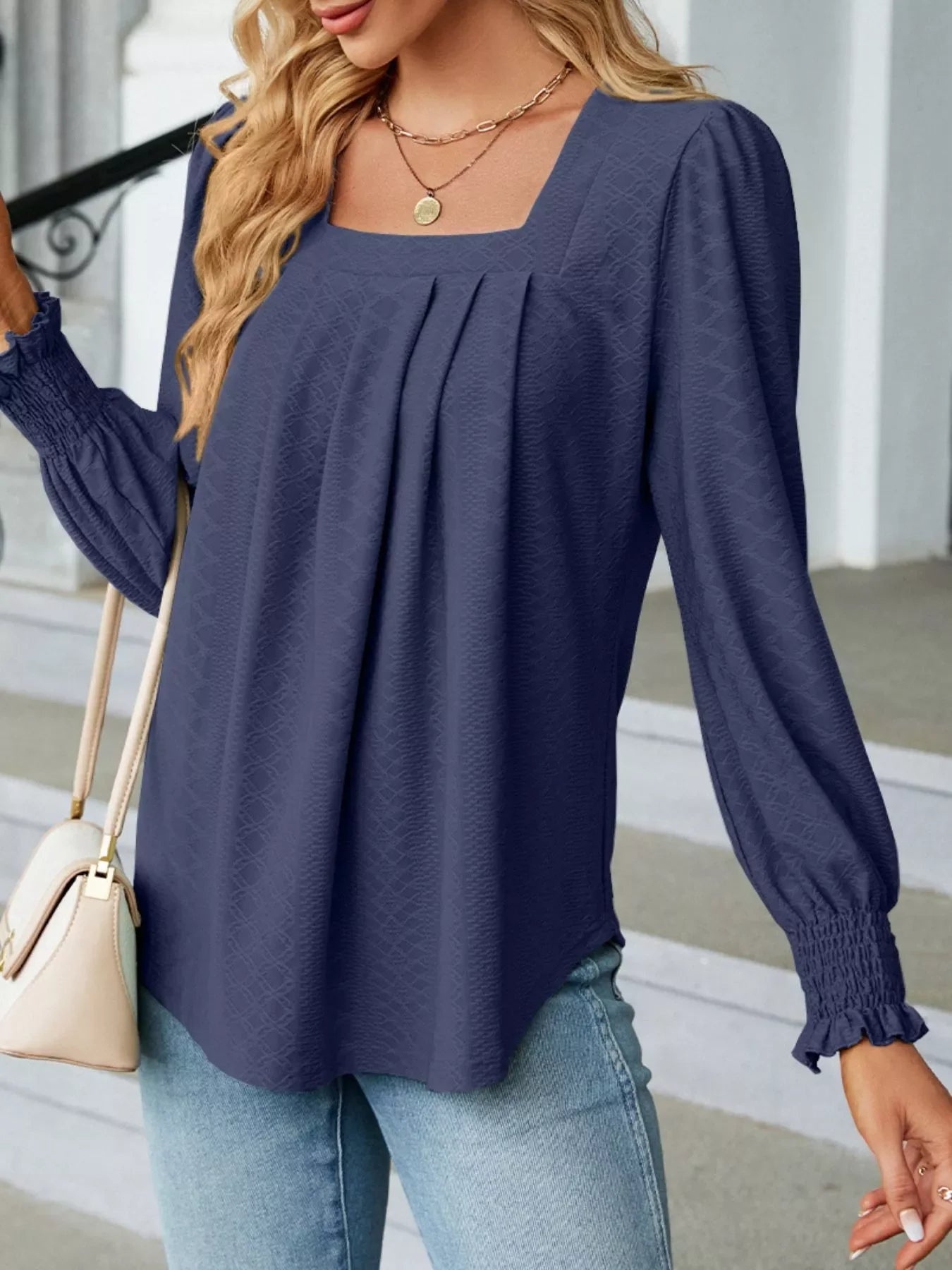 Pleated Square Neck Long Sleeve Top - Southern Shores Clothing