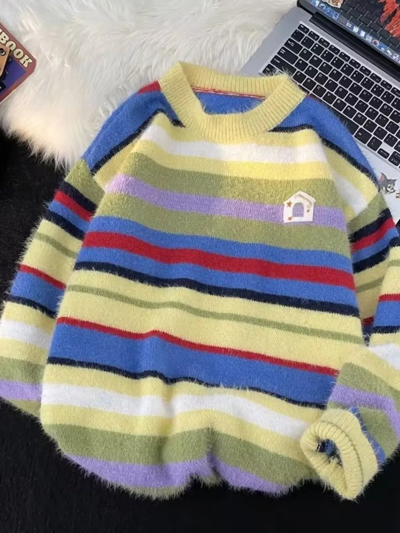 Cozy Striped Fuzzy Knit Round Neck Sweater - Southern Shores Clothing