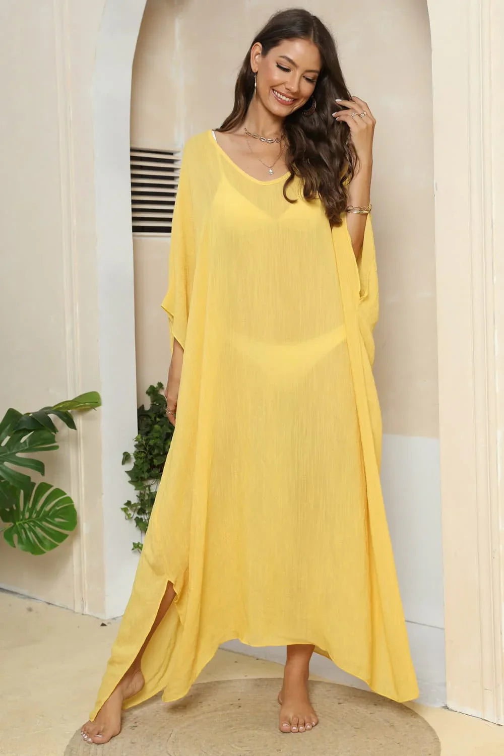 V-Neck Sheer Cover-Up With Three-Quarter Sleeve, One Size - Southern Shores Clothing