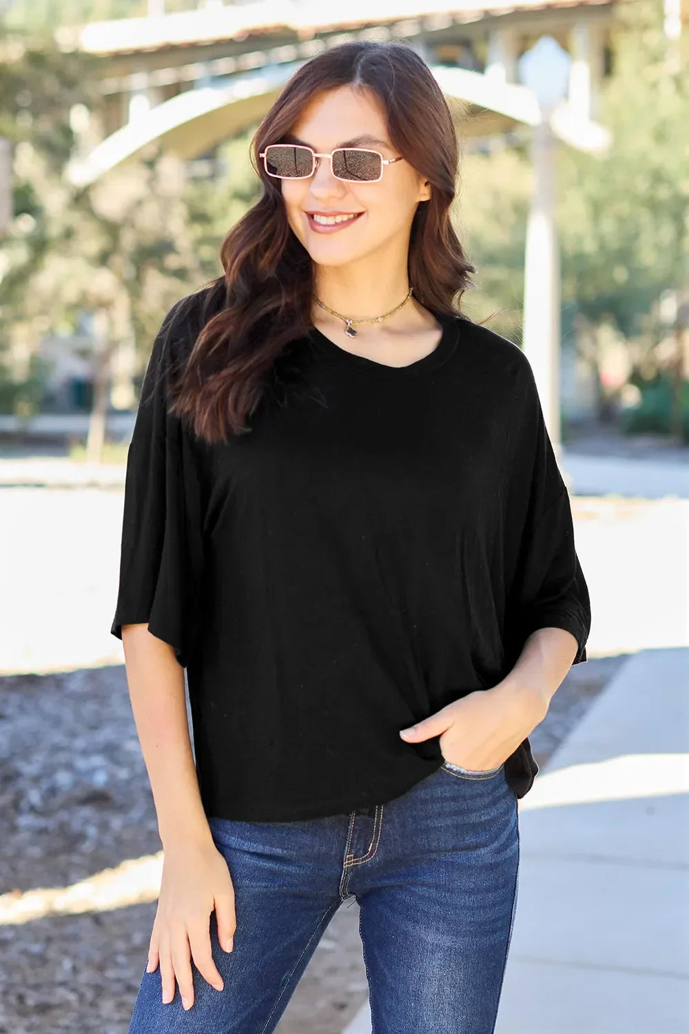 Basic Round Neck Drop Shoulder Tee Top for Layering - Southern Shores Clothing