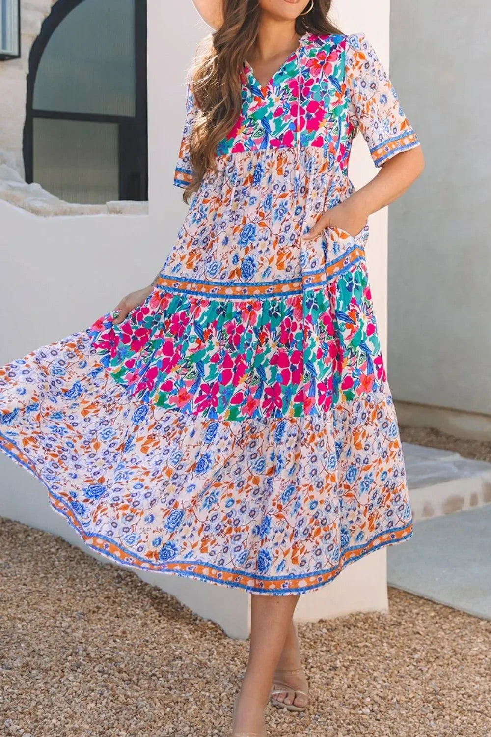 Mixed Floral Print Tie Neck Short Sleeve Tiered Frill Dress - Southern Shores Clothing