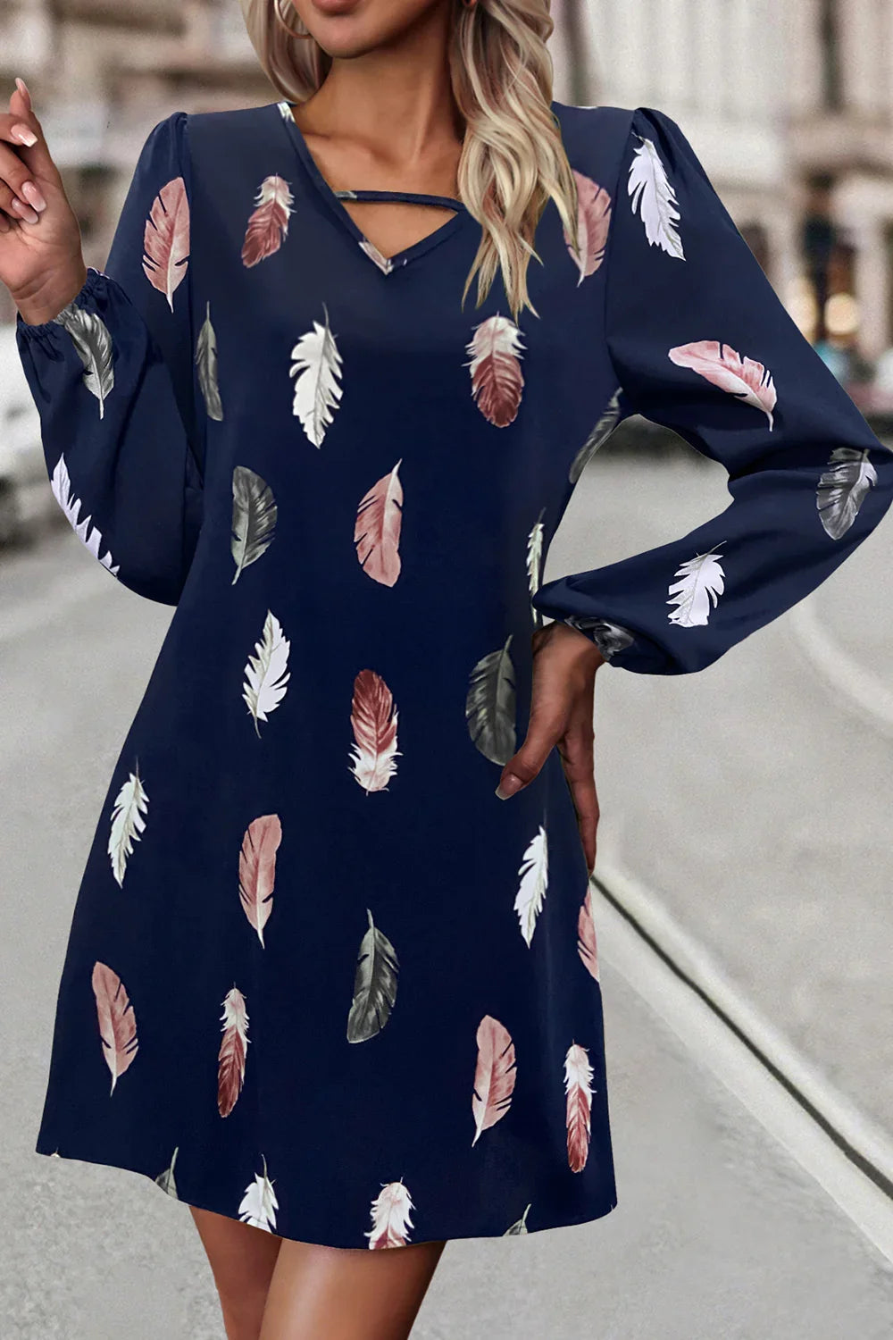 Feather Print V-Neck Dress - Southern Shores Clothing