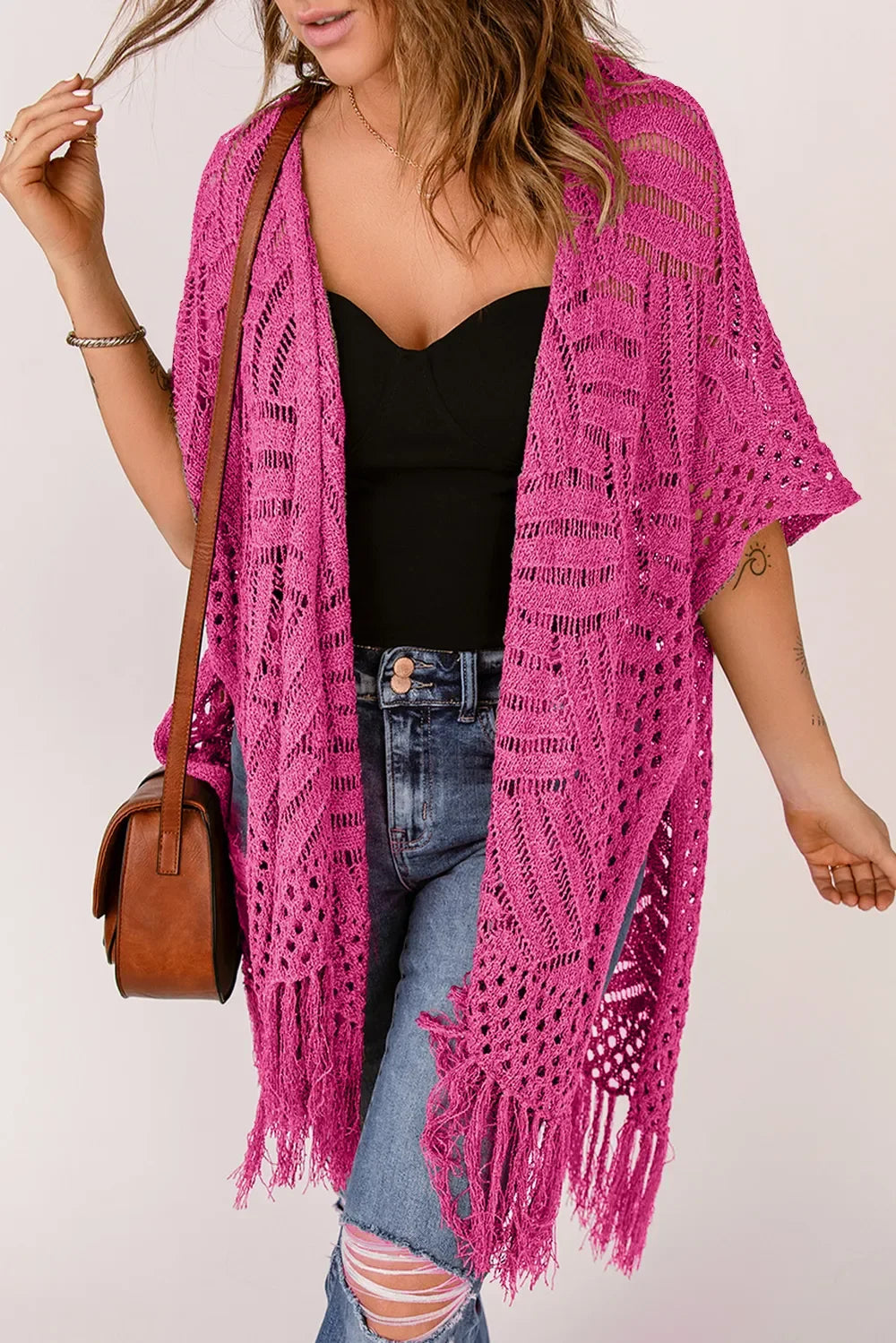 Lightweight Openwork Fringed Cardigan With Open Front - Southern Shores Clothing