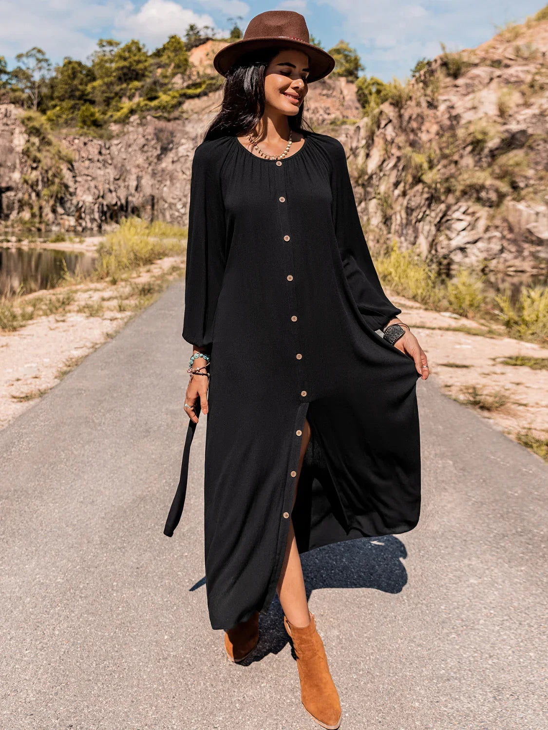 Long Sleeve Round Neck Dress - Southern Shores Clothing