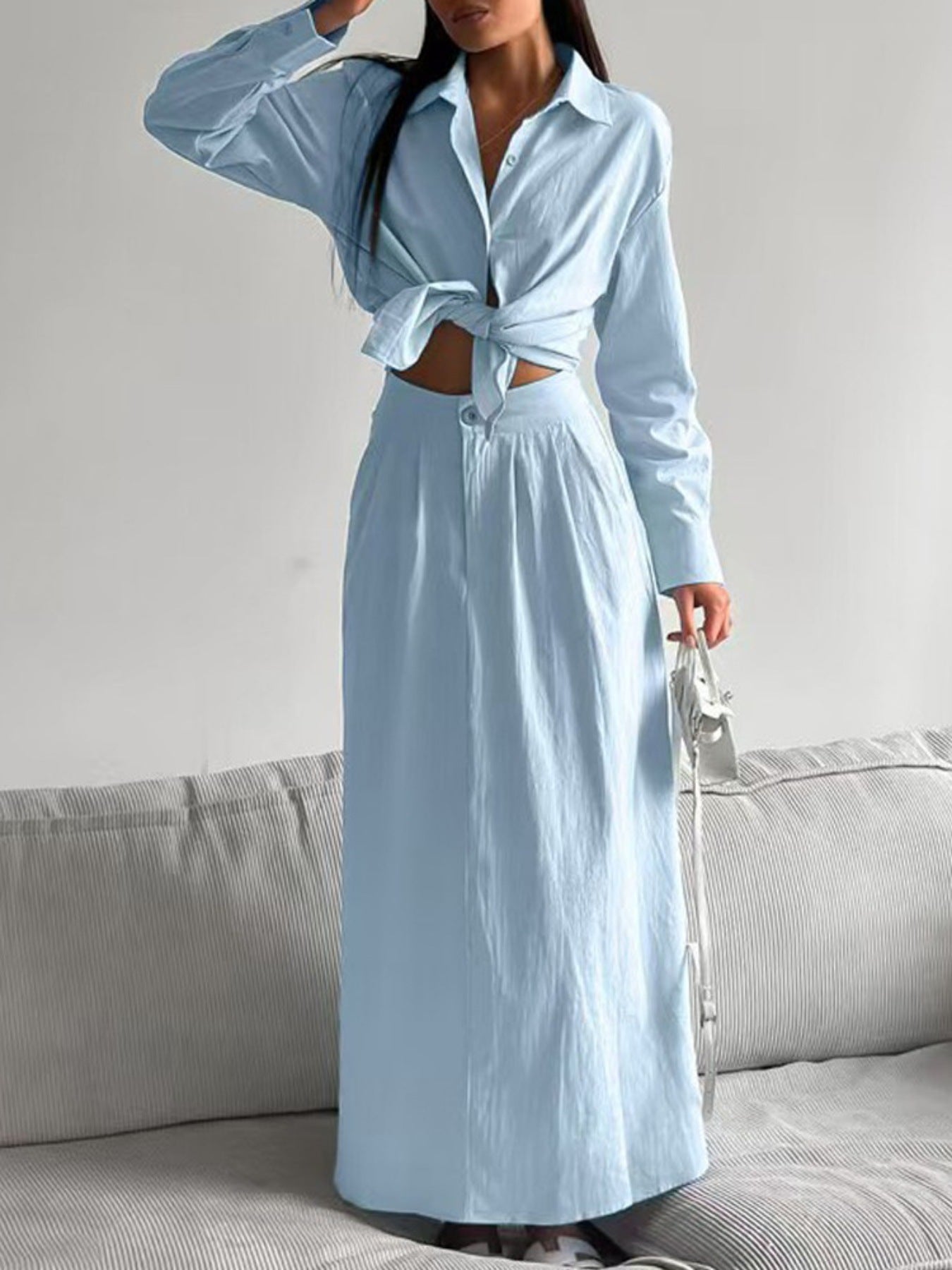 Tie-Front Shirt And Maxi Skirt Two Piece Set
