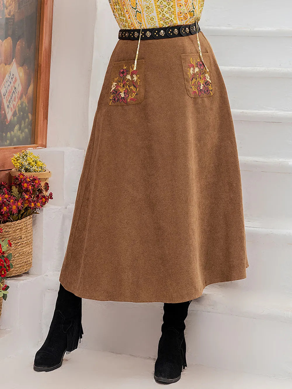Coastal Plus Size Embroidered Pocketed High Waist Skirt