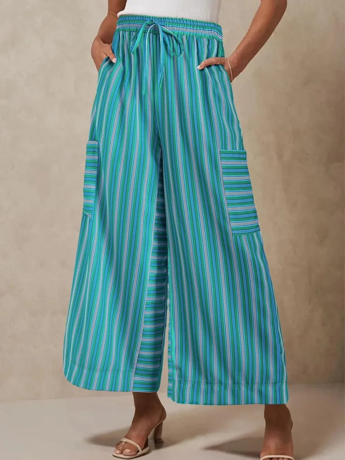 Wide Leg Contrast Striped Pants With Breathable Fabric - Southern Shores Clothing