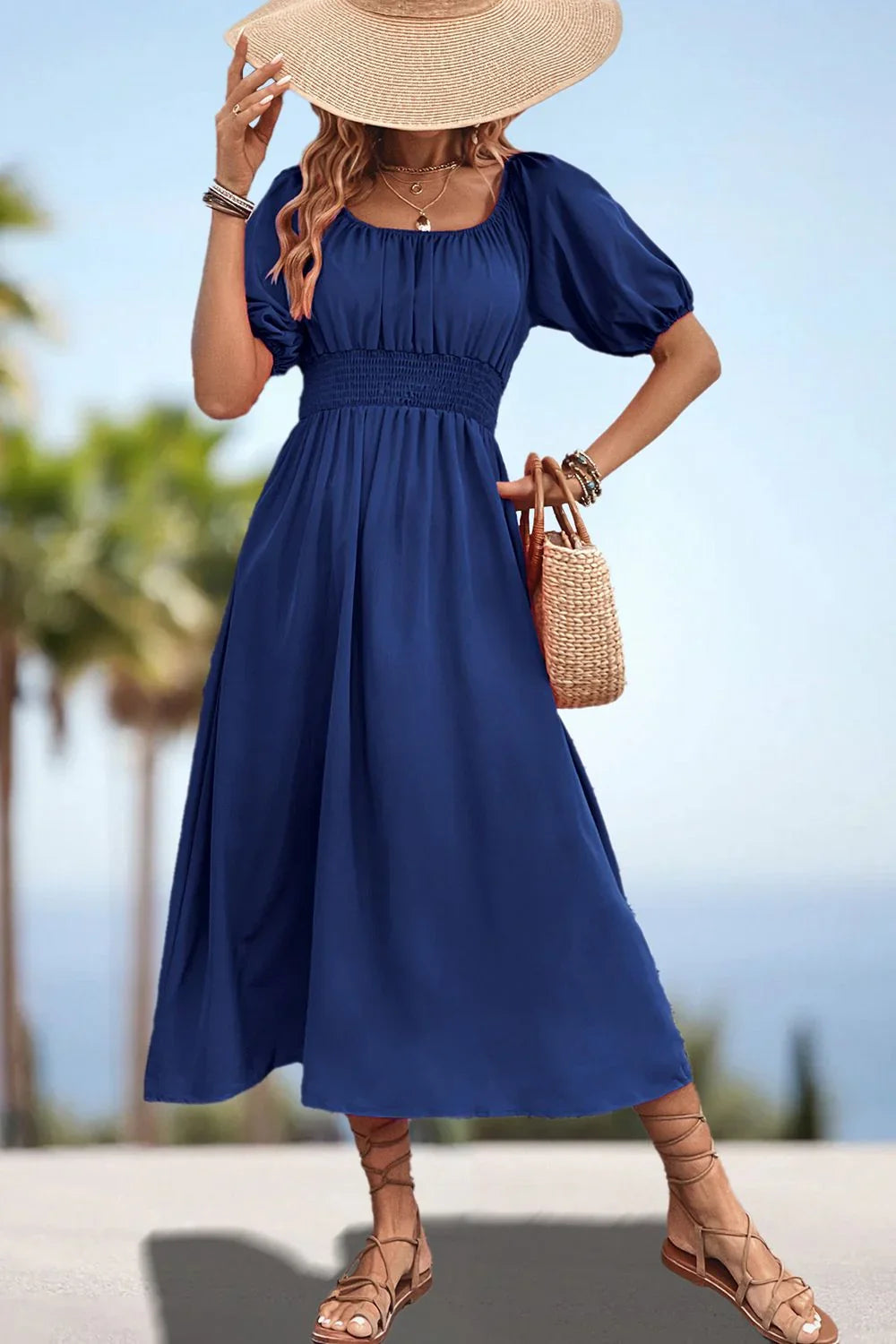 Square Neck Smocked Waist Puff Sleeve Midi Dress - Southern Shores Clothing