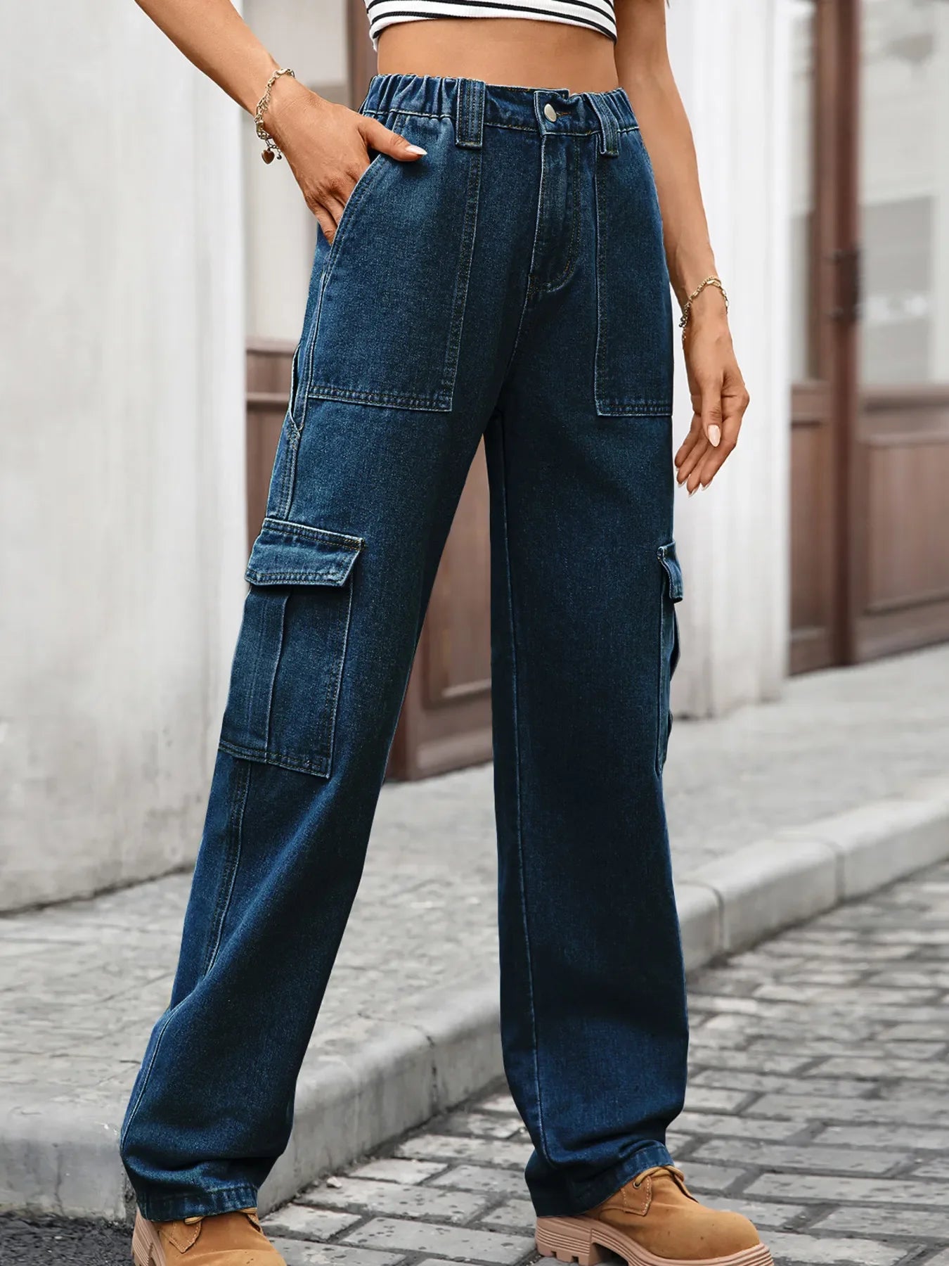 Coastal Inspired High Waisted Cargo Jeans - Southern Shores Clothing