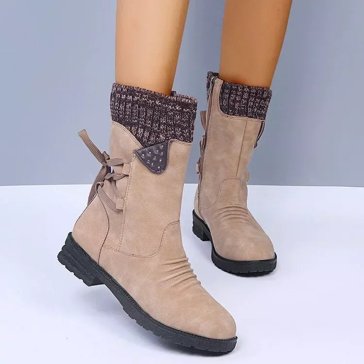 Knitted Cuff Round Toe Boots Suede Rubber Sole - Southern Shores Clothing
