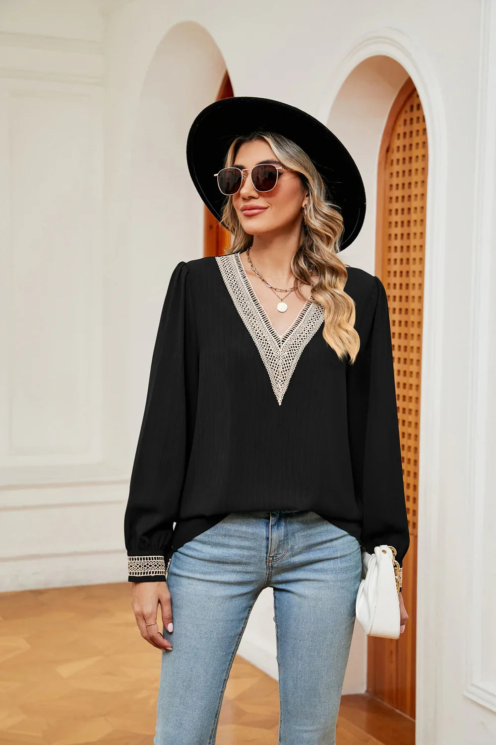 Contrast Puff Sleeve Blouse With Polyester Fabric - Southern Shores Clothing