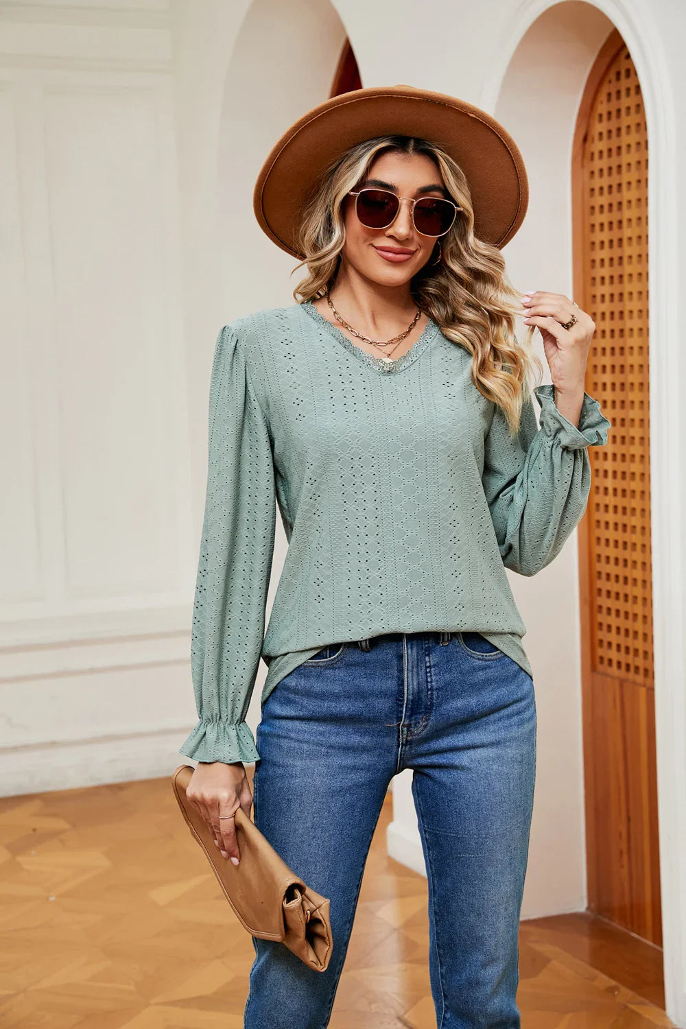 Southern Shores V-Neck Flounce Sleeve Lace Blouse In Stretch Rayon Blend Fabric For Versatile Wear - Southern Shores Clothing