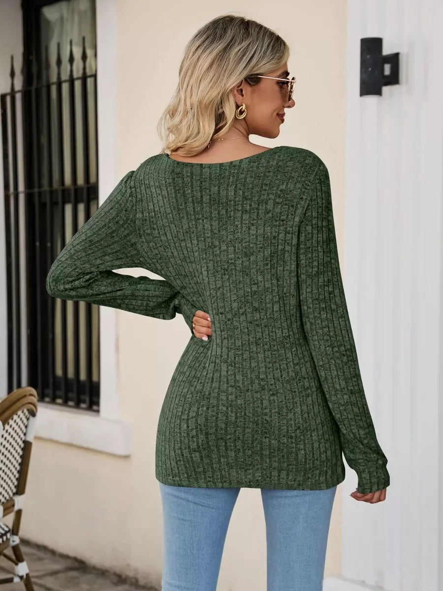 Ribbed Square Neck Long Sleeve Stretch T Shirt - Southern Shores Clothing