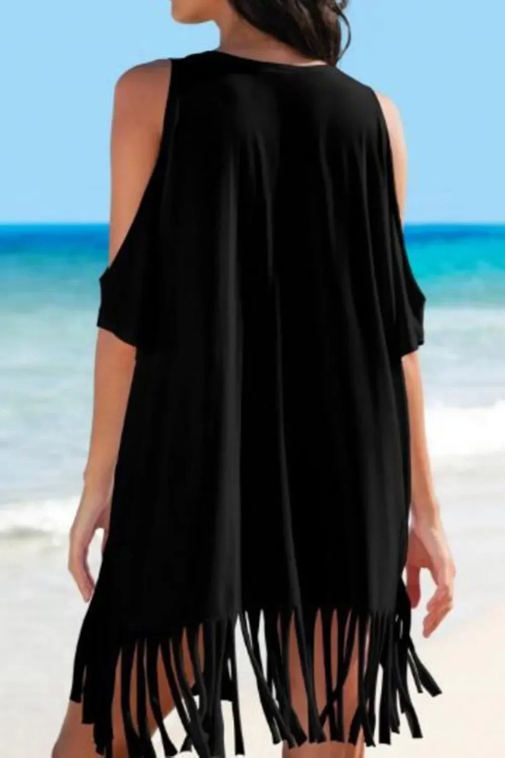 Stretchy Cold Shoulder Fringe V-Neck Cover Up One Size - Southern Shores Clothing