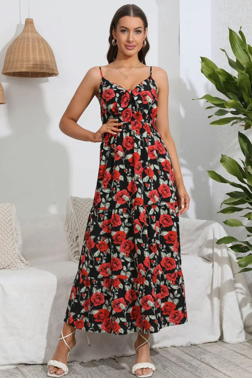 Rose Print Spaghetti Strap Sweetheart Neck Dress - Southern Shores Clothing