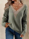 Openwork V-Neck Long Sleeve Sweater With Lace - Southern Shores Clothing