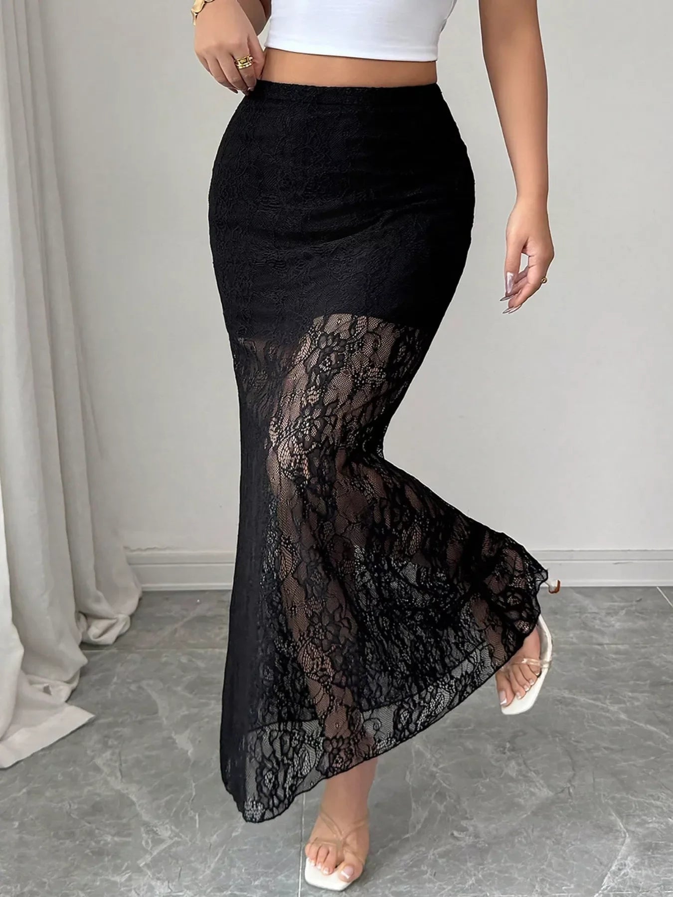 Elegant Lace Maxi Skirt With Sheer Slit Design - Southern Shores Clothing