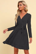 Long Sleeve Tie Waist Ruffle Hem Dress - Southern Shores Clothing