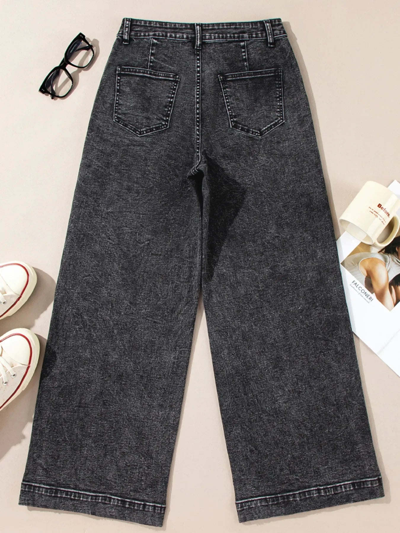High Waisted Wide Leg Washed Denim Jeans