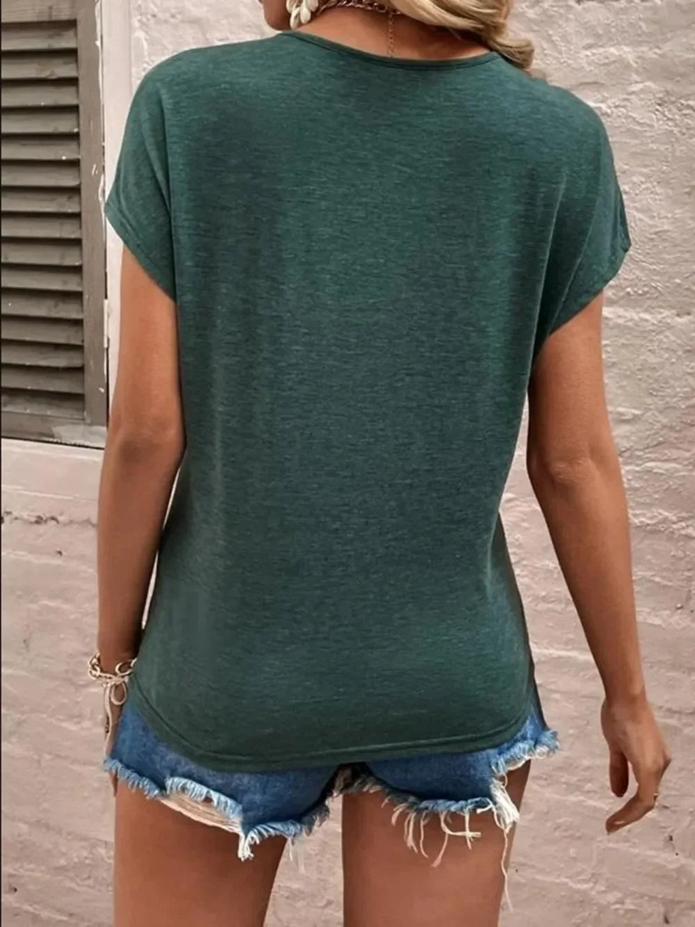 Full Size Lace Detail V-Neck Short Sleeve T-Shirt - Southern Shores Clothing