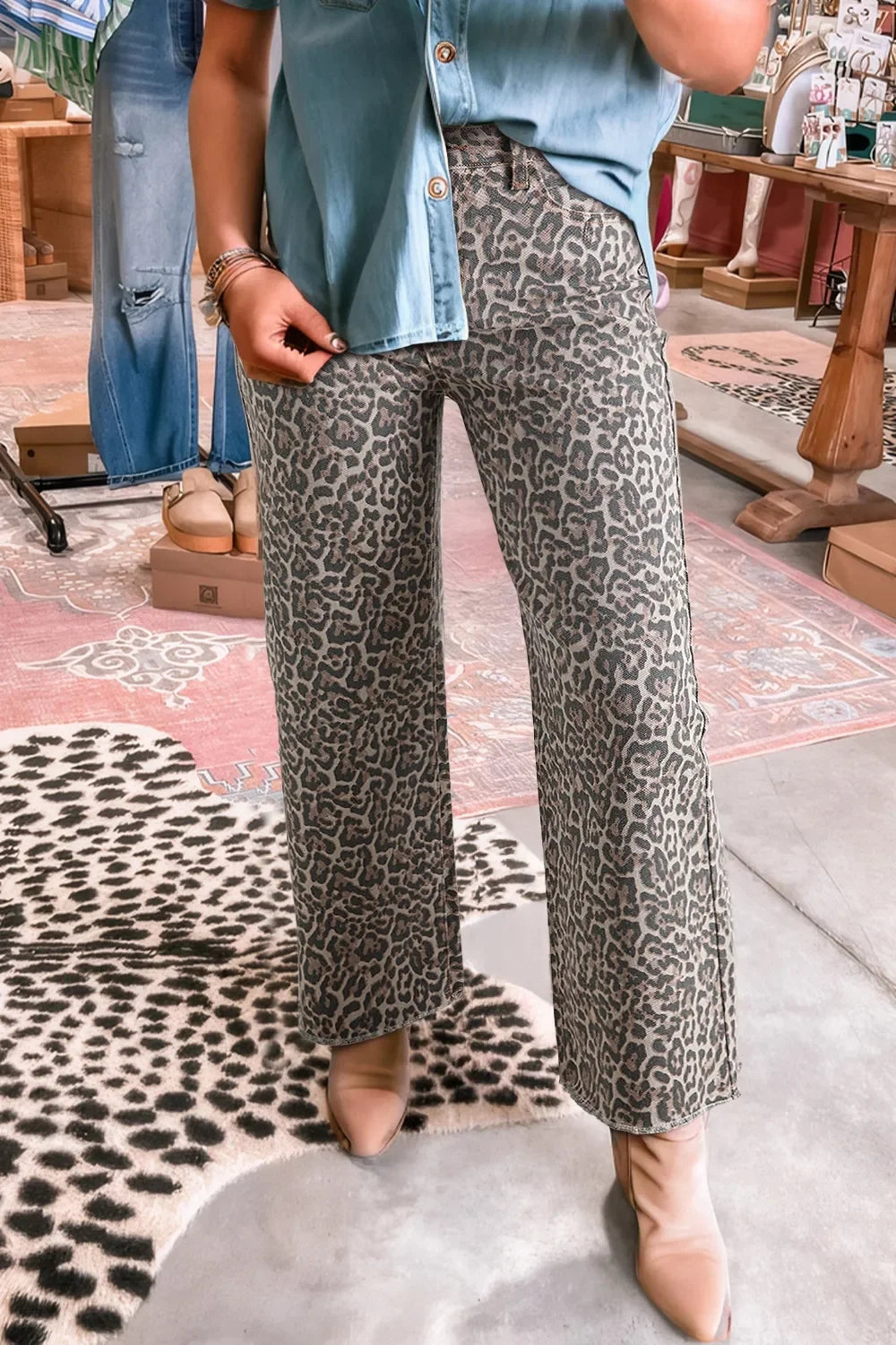 Coastal Leopard High Waist Wide Leg Frayed Edge Denim Jeans