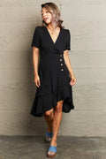 Decorative Button Surplice Ruffle Hem Dress - Southern Shores Clothing