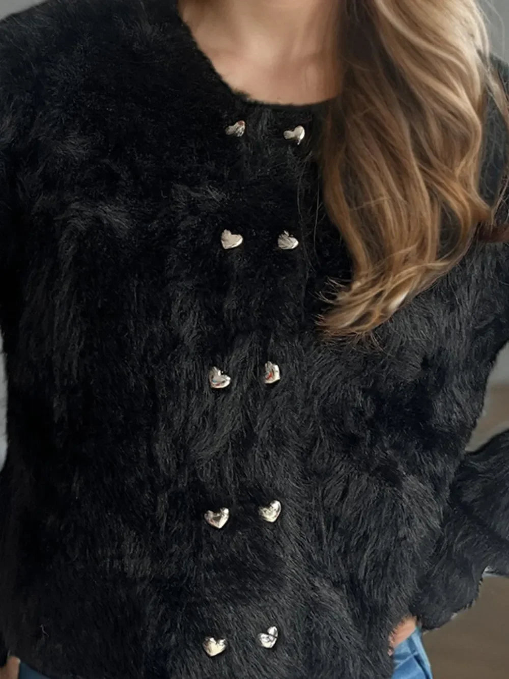 Heart Button Round Neck Cardigan With Stretch Knit - Southern Shores Clothing