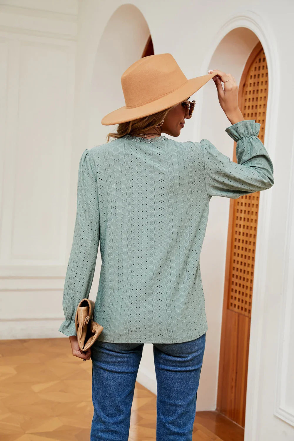 Southern Shores V-Neck Flounce Sleeve Lace Blouse In Stretch Rayon Blend Fabric For Versatile Wear - Southern Shores Clothing