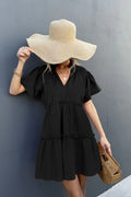 Frill Trim Smocked Tie Neck Dress Coastal Style - Southern Shores Clothing