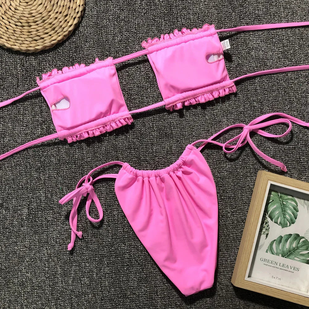 Frill Trim Ruched Bikini Set With Removable Padding - Southern Shores Clothing