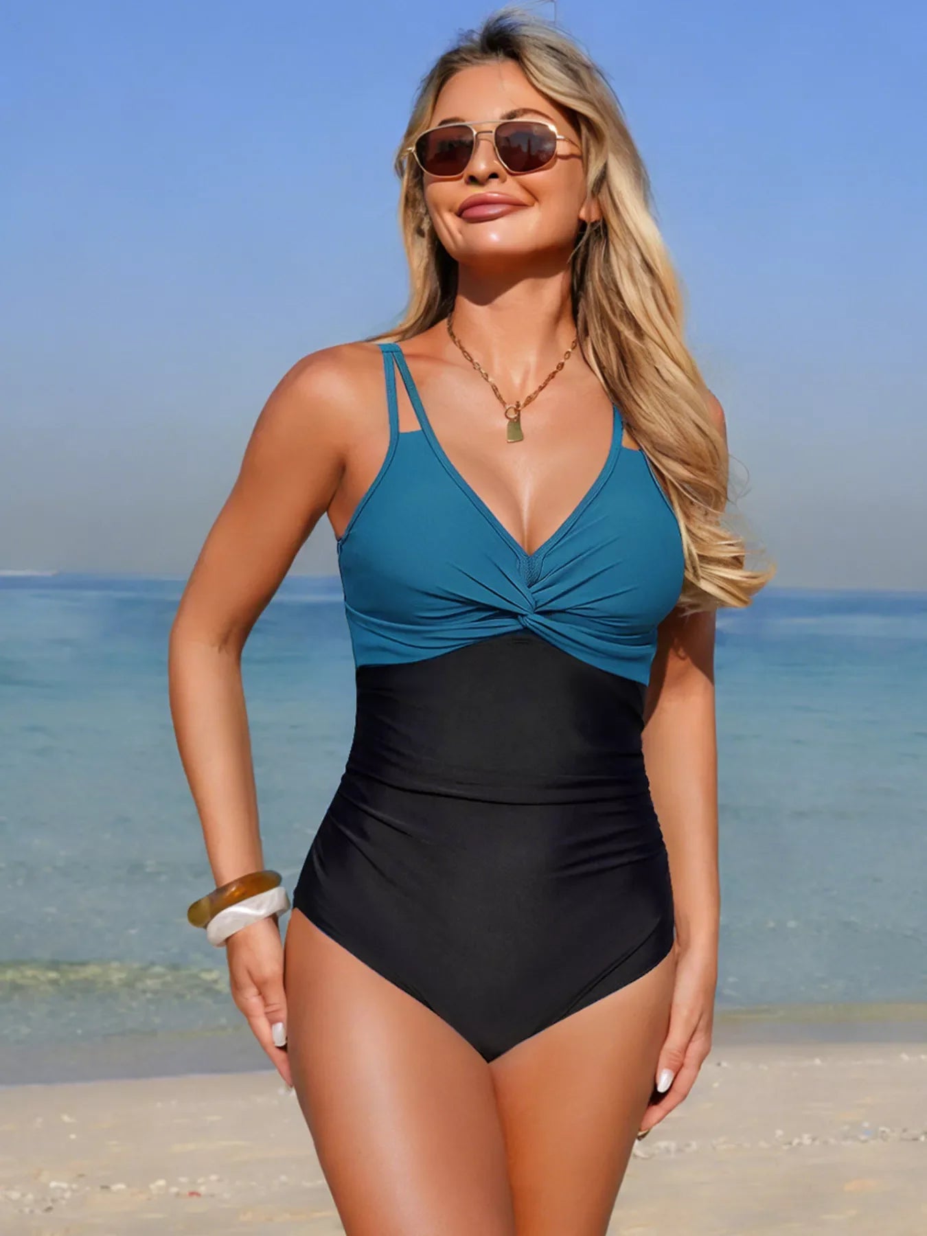 Twisted Front V-Neck One-Piece Swimsuit With Removable Padding - Southern Shores Clothing