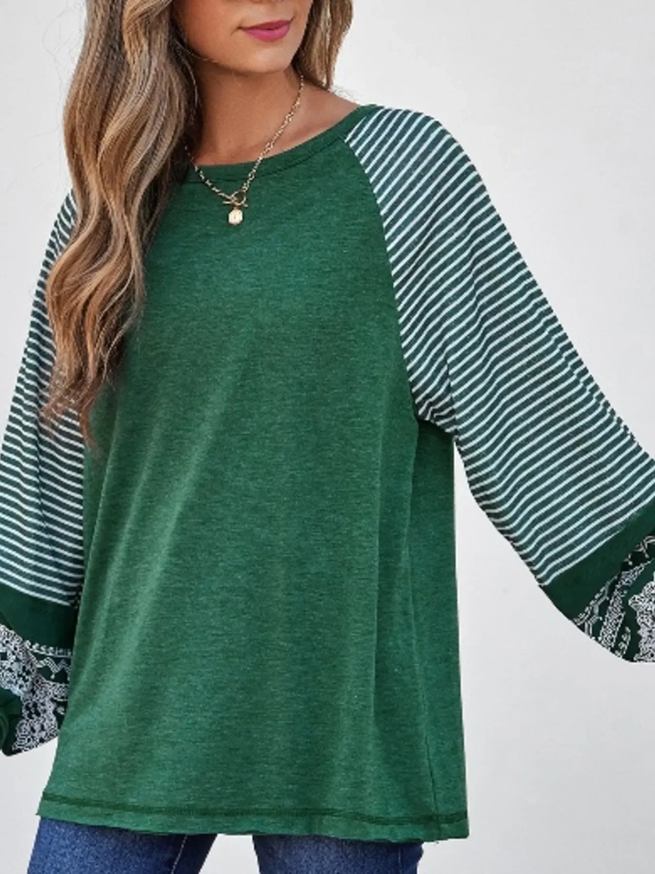 Contrast Print Striped Raglan Long Sleeve Loose Top - Southern Shores Clothing