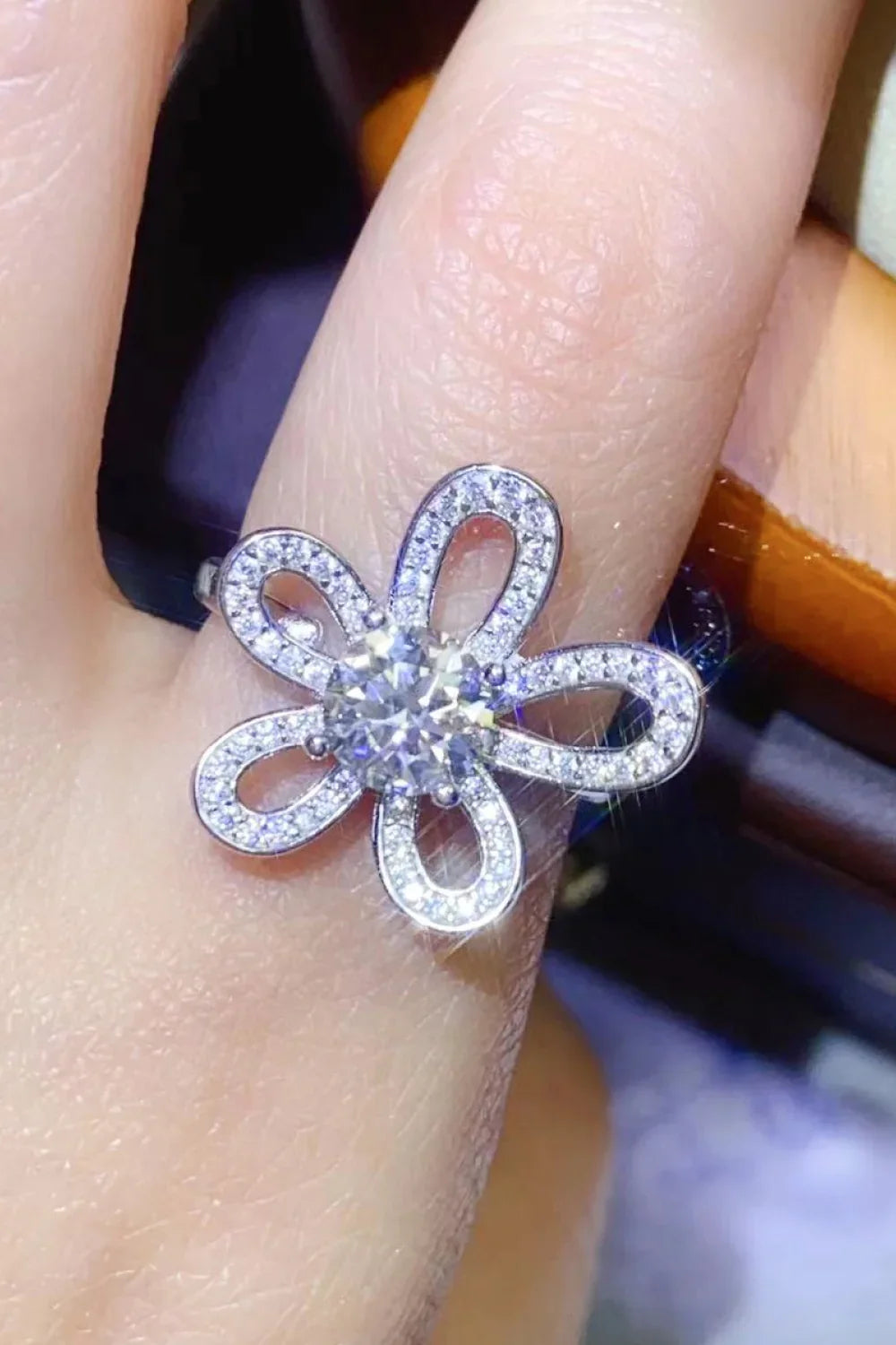 1 Carat Moissanite Flower Shape Open Ring Platinum Plated - Southern Shores Clothing