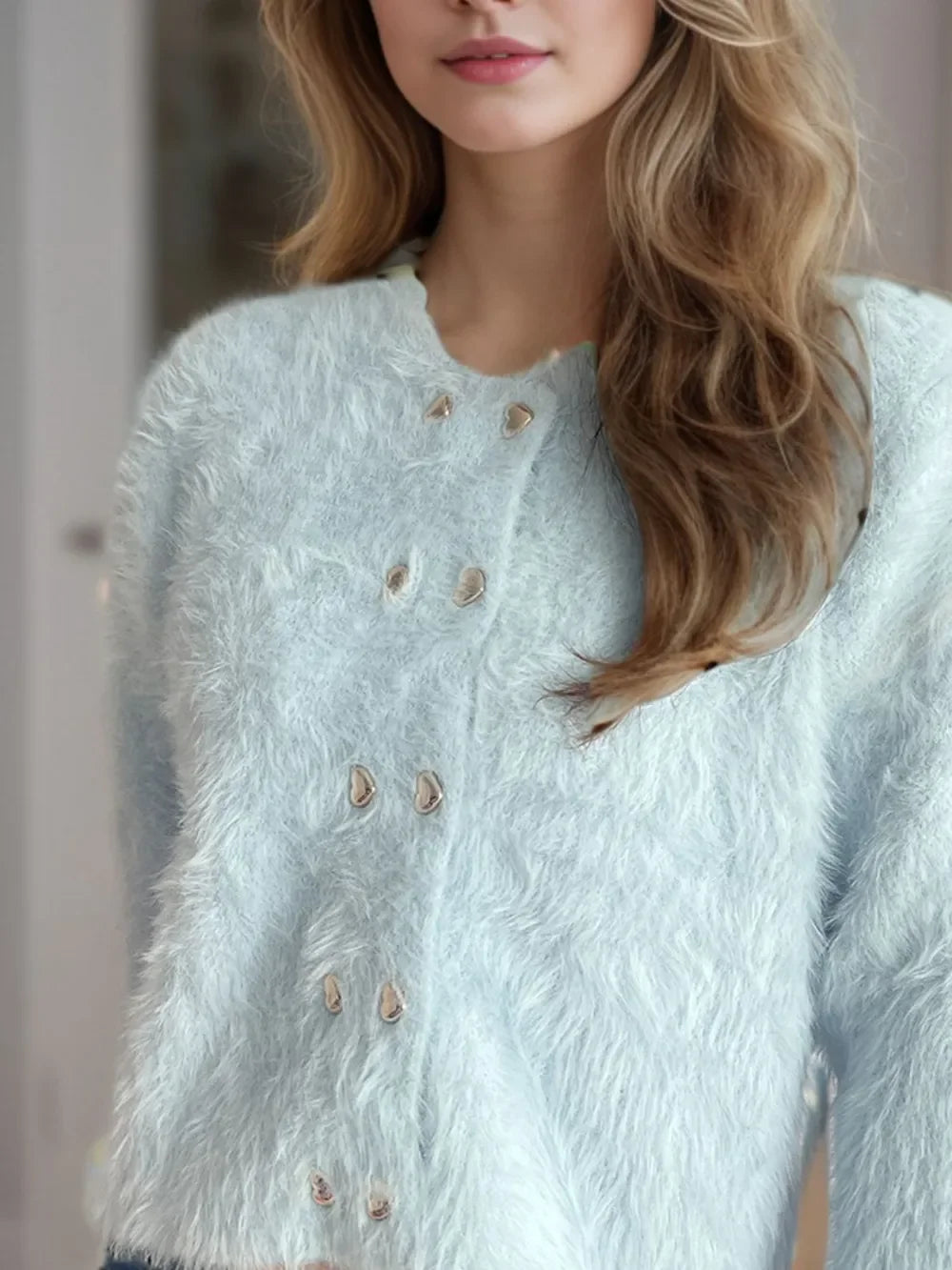 Heart Button Round Neck Cardigan With Stretch Knit - Southern Shores Clothing