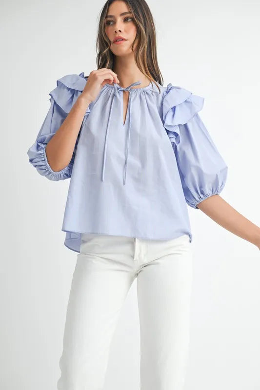 MABLE Stripe Ruffle Shoulder Puff Sleeve Blouse