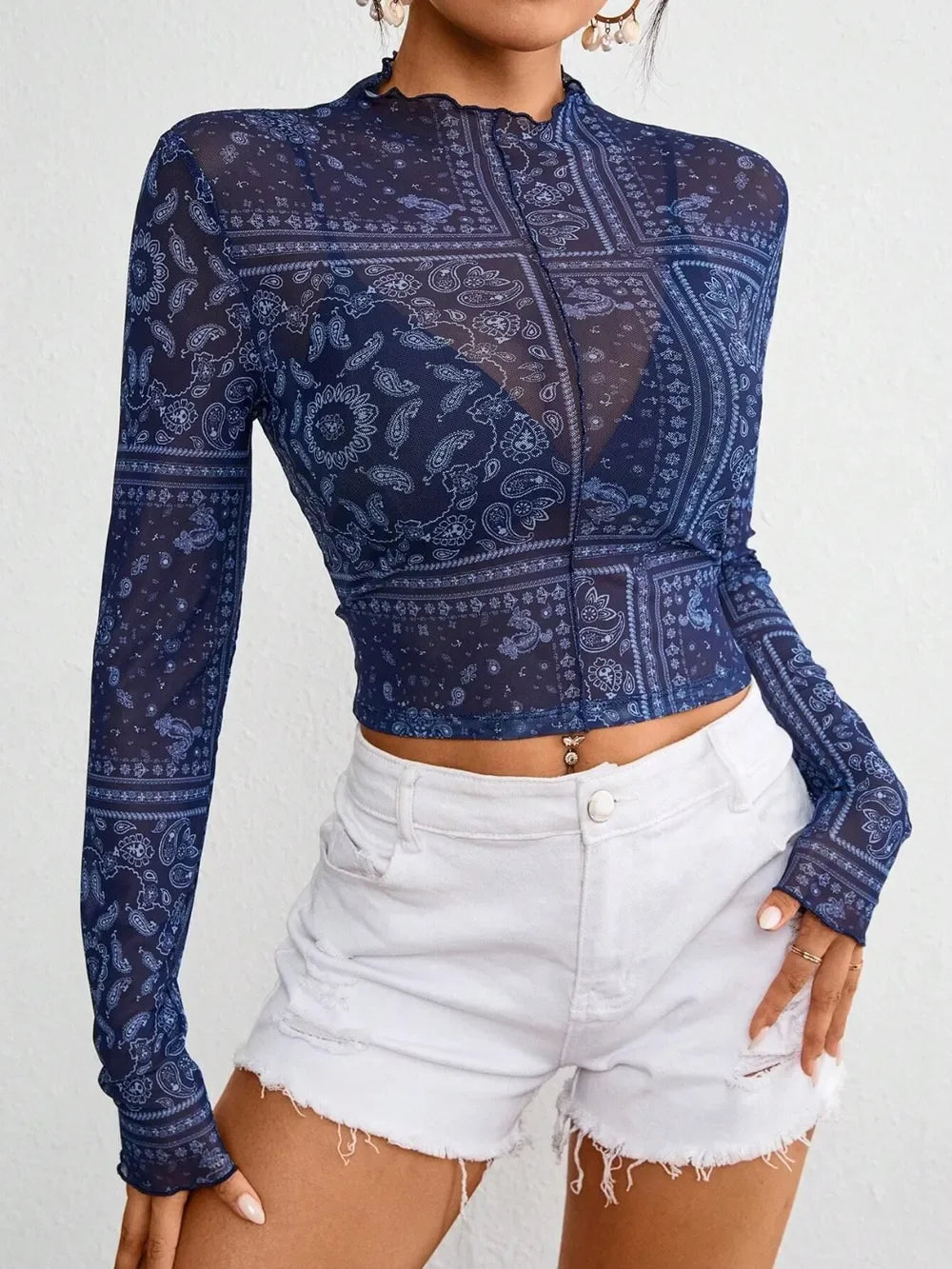 Paisley Mock Neck Long Sleeve Sheer Top With Stretch Fit - Southern Shores Clothing