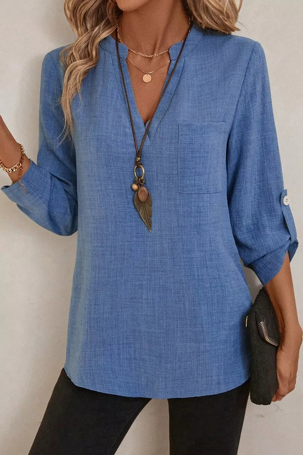 Casual Roll Up Sleeve Blouse With Notched Collar And Pocket - Southern Shores Clothing