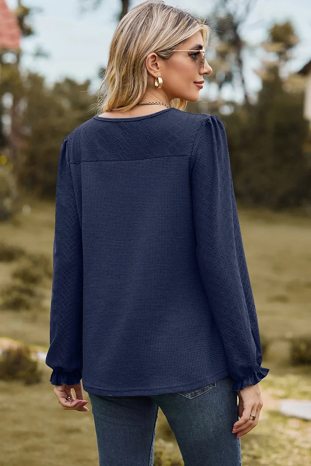 Eyelet Round Neck Flounce Sleeve T-Shirt - Southern Shores Clothing