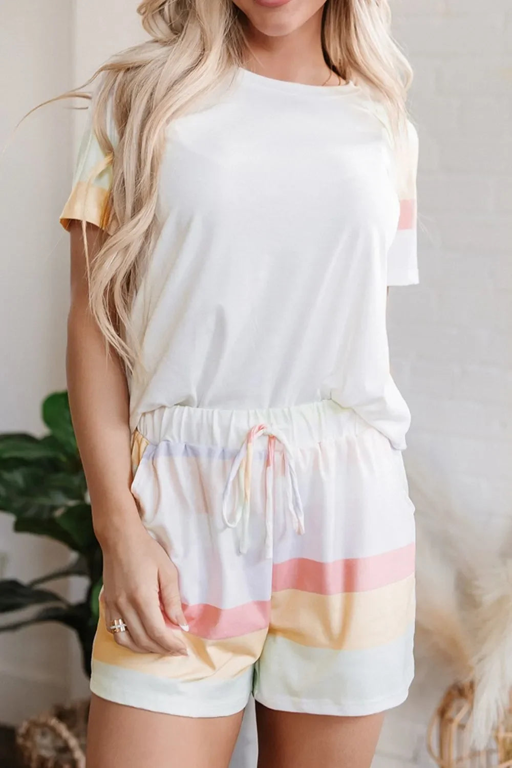 Striped Round Neck T Shirt And Shorts Lounge Set - Southern Shores Clothing